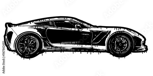 Generic sports car illustration from the side in graffiti stencil style with dripping paint effect