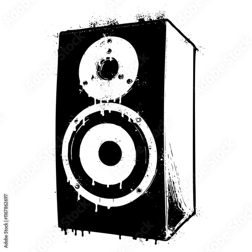 Standing loudspeaker illustration in graffiti stencil style with dripping paint effect