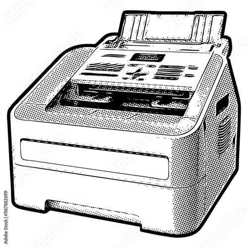 Old fax machine illustration in retro black and white halftone newspaper print graphic style 