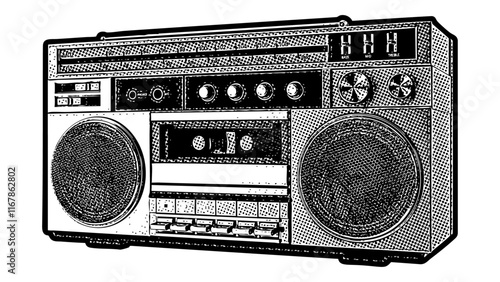 Old school radio and cassette tape player illustration in retro black and white halftone newspaper print graphic style