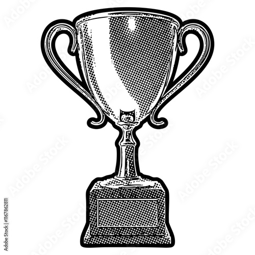 Trophy illustration in retro black and white halftone newspaper print graphic style