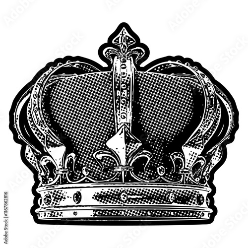 Crown illustration in retro black and white halftone newspaper print graphic style