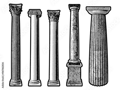 Set of classical order column illustrations in retro black and white halftone newspaper print graphic style