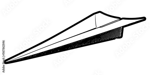 Folded paper plane illustration in retro black and white halftone newspaper print graphic style