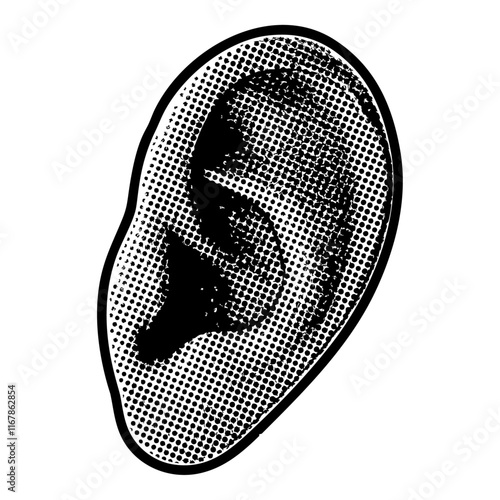 Human ear illustration in retro black and white halftone newspaper print graphic style