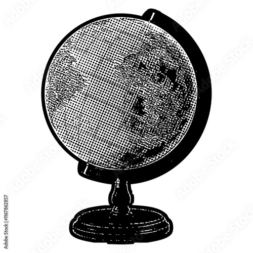 Classic terrestrial globe illustration in retro black and white halftone newspaper print graphic style