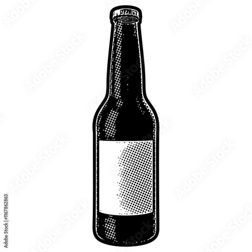 Beer or soda bottle illustration in retro black and white halftone newspaper print graphic style