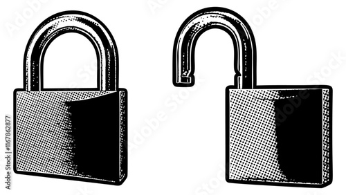 Locked and unlocked padlock illustrations in retro black and white halftone newspaper print graphic style