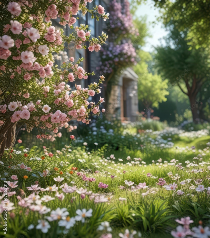 Obraz premium Spring season depiction with blooming flowers and greenery , greenery, botanical illustration, nature