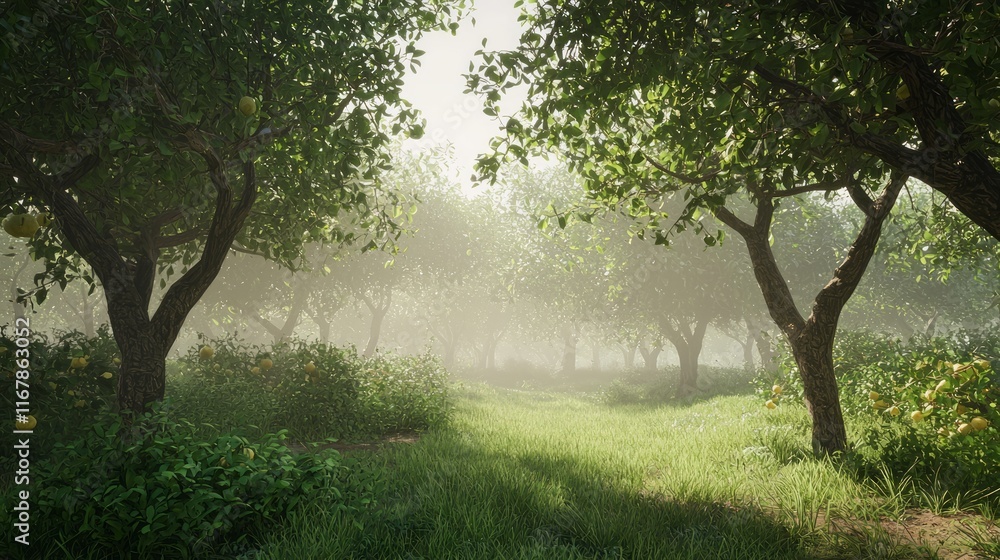 Tranquil Foggy Orchard: Ripe Fruit Trees in Misty Serenity for Meditation and Reflection Tranquil Foggy Orchard: Ripe Fruit Trees in Misty Serenity for Meditation and Reflection
