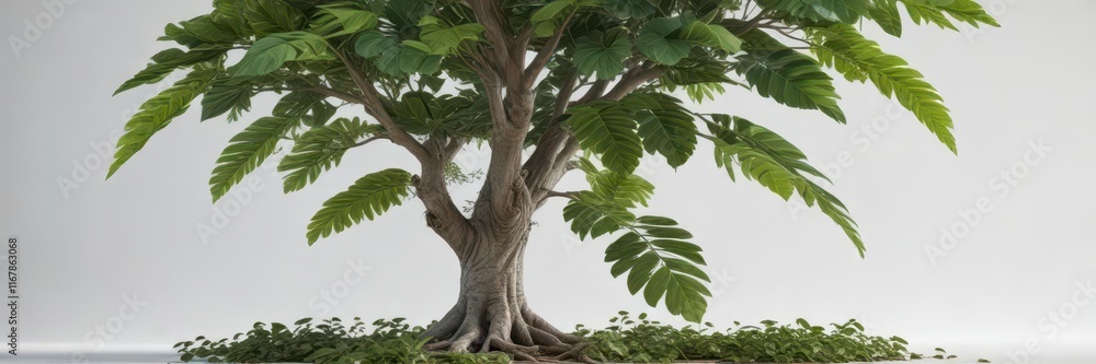 Fototapeta premium tree with large green leaves on white background, nature scenery, large leaves, plant life