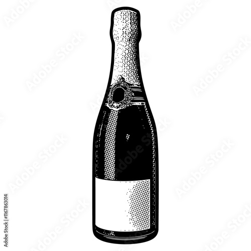 Generic champagne bottle illustration in retro black and white halftone newspaper print graphic style