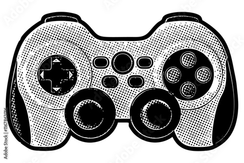 Generic video game controller illustration in retro black and white halftone newspaper print graphic style