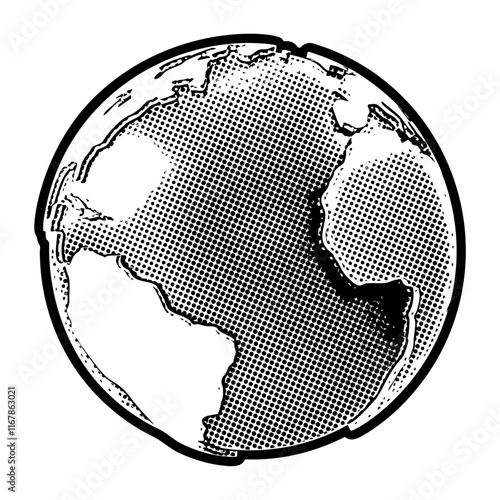 Stylized Earth globe illustration in retro black and white halftone newspaper print graphic style