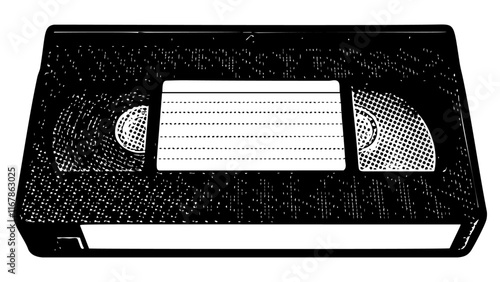 VHS tape illustration in retro black and white halftone newspaper print graphic style