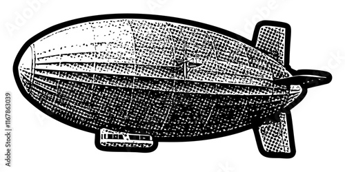 Vintage zeppelin illustration in retro black and white halftone newspaper print graphic style