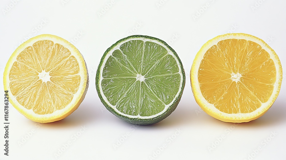 Three citrus fruits, lemon, lime, lemon halves, white background, food photography, recipe illustration. Three citrus fruits, lemon, lime, lemon halves, white background, food photography, recipe illustration.