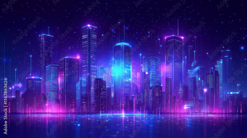 Neon metaverse city. Tech building background. Futuristic cyber virtual reality technology for world cityscape hologram. Ai night skyline bg. Modern street architecture with data network concept Neon metaverse city. Tech building background. Futuristic cyber virtual reality technology for world cityscape hologram. Ai night skyline bg. Modern street architecture with data network concept
