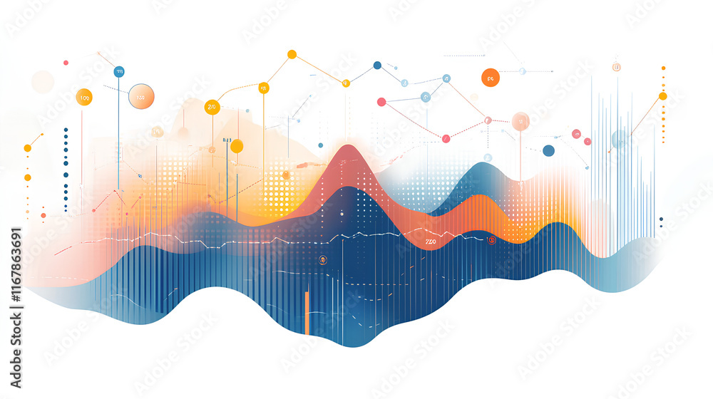 Obraz premium Financial chart with an upward arrow and data points on a white background, symbolizing market growth and financial trends
