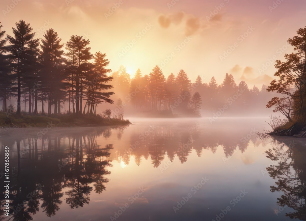 Watercolor texture overlay on a serene lake scene at sunset with trees and mist , texture, scenery, nature Watercolor texture overlay on a serene lake scene at sunset with trees and mist , texture, scenery, nature