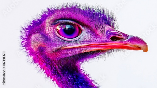 A vibrant, artistic close-up of an ostrich head with exaggerated colors and features. photo