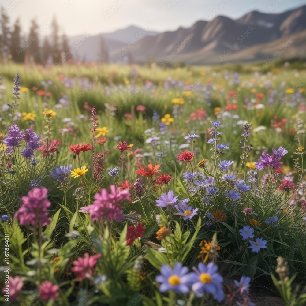 Fototapeta premium Vibrant wildflowers swaying gently in the breeze, earthy, landscape, grassland