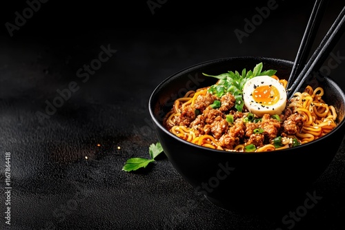 Savoring authentic japanese ramen bowl with delicious toppings tokyo street food scene culinary delight nighttime ambiance close-up view japanese comfort food photo