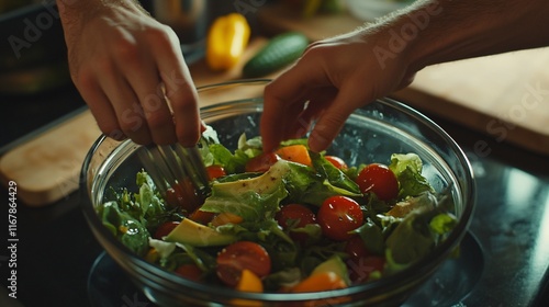 Man preparing healthy salad in kitchen photo