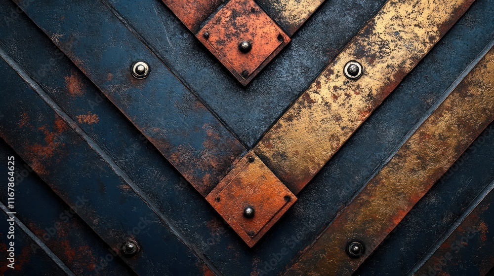 Striking abstract geometric pattern created by the weathering and corrosion on an industrial metal surface  The image features a dark moody composition with bold shapes textures and a vintage