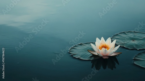 Serene White Lotus Flower Floating on Calm Teal Water, Peaceful Zen Garden