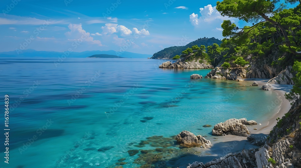 Serene Coastal Landscape with Clear Blue Waters and Rocky Shoreline Under a Bright Sky Near Lush Green Forest, Ideal for Nature and Travel Projects Serene Coastal Landscape with Clear Blue Waters and Rocky Shoreline Under a Bright Sky Near Lush Green Forest, Ideal for Nature and Travel Projects