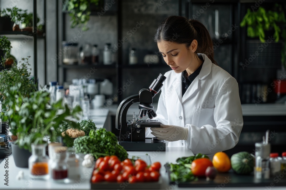 Scientist Examining Food Under Microscope Scientist Examining Food Under Microscope