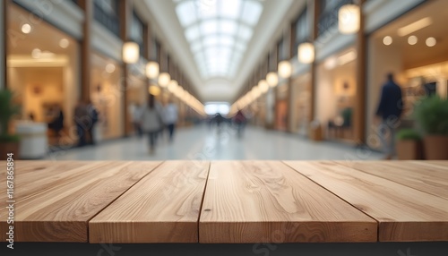 Wallpaper Mural Empty wooden table space platform with blurred shopping mall or shopping center background for product display montage. Wooden desk with copy space. Torontodigital.ca