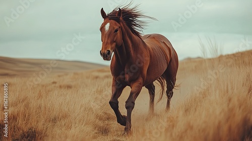 Chestnut horse galloping across field, windswept mane, hills background; equestrian stock photo. photo