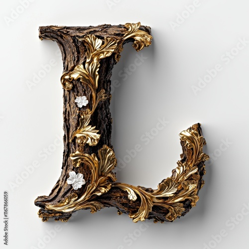 Elegant Wooden Letter L with Gold and Floral Accents