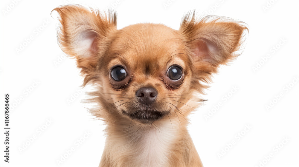 Adorable Chihuahua puppy head portrait on a white background, showcasing its expressive eyes and fluffy ears. Perfect for pet photography, animal lovers, or cute dog designs. Adorable Chihuahua puppy head portrait on a white background, showcasing its expressive eyes and fluffy ears. Perfect for pet photography, animal lovers, or cute dog designs.