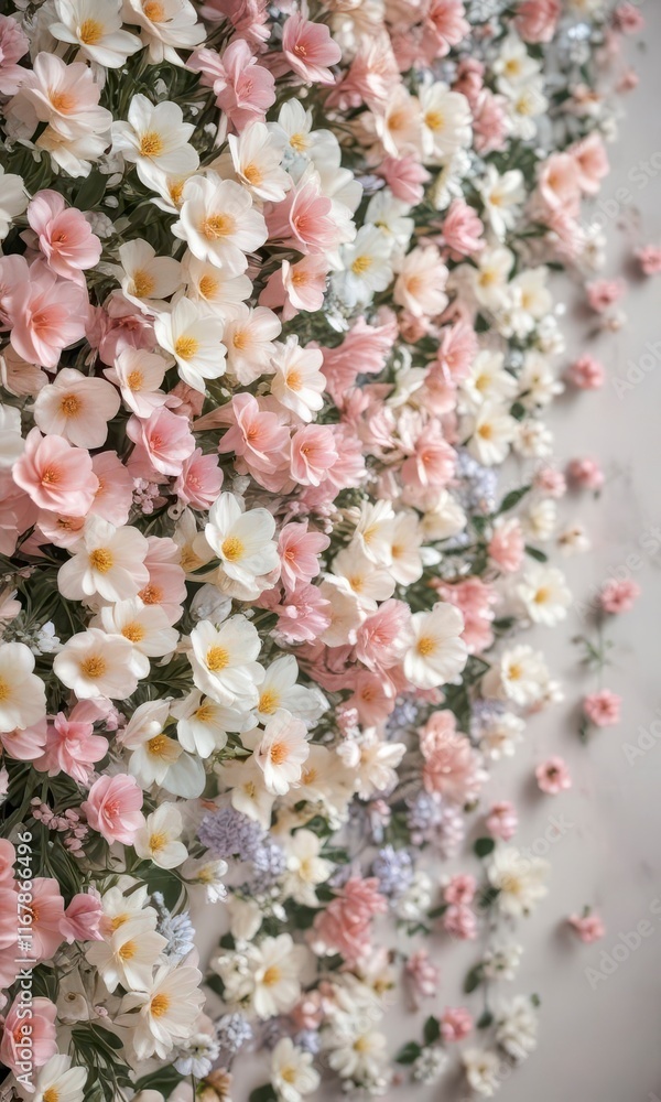 Artificial flowers wall with delicate petals and soft colors, wall decoration, decorative accent, blooming garden Artificial flowers wall with delicate petals and soft colors, wall decoration, decorative accent, blooming garden