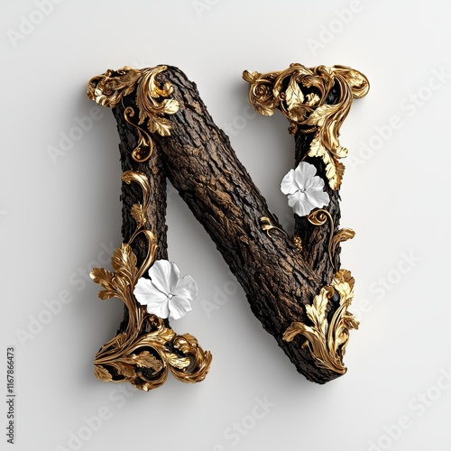 Elegant Wooden Letter N with Gold and Floral Accents