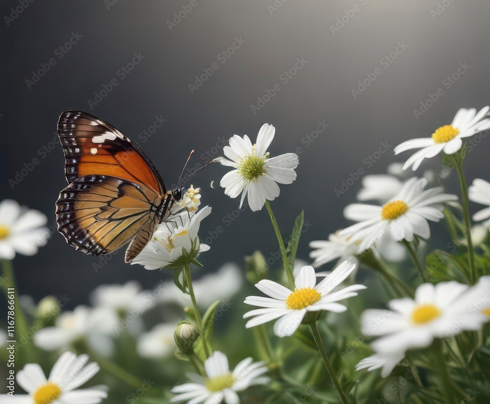 A single butterfly hovering around a small white flower, solitude, butterflies, isolation A single butterfly hovering around a small white flower, solitude, butterflies, isolation