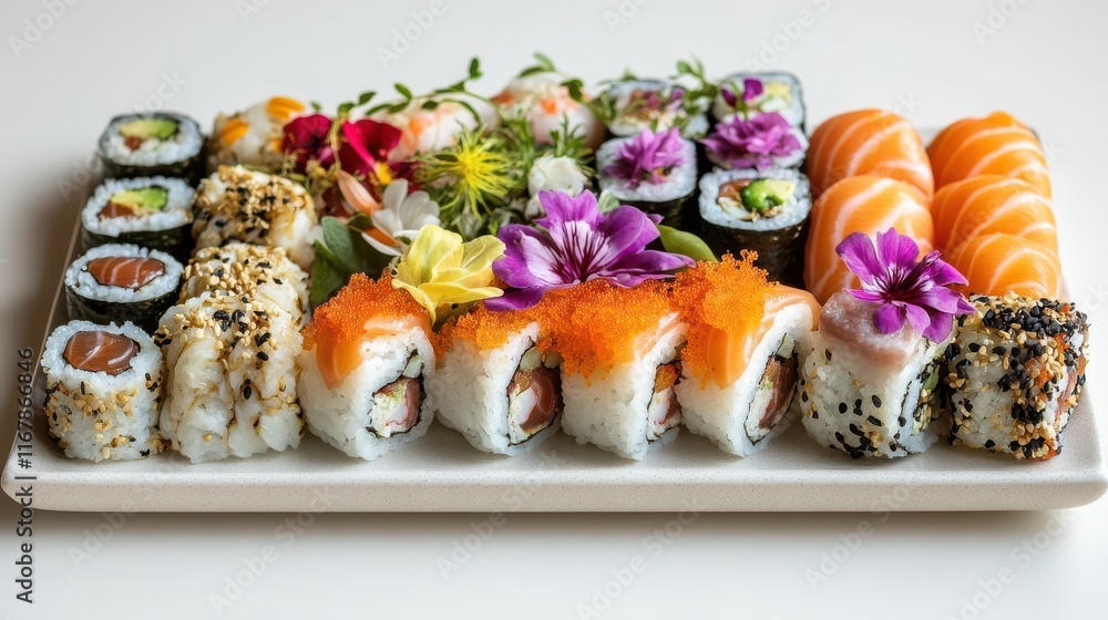 Sushi platter with colorful rolls and delicate garnishes Sushi platter with colorful rolls and delicate garnishes
