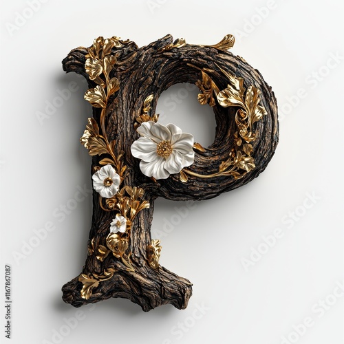 Elegant Wooden Letter P with Gold and Floral Accents