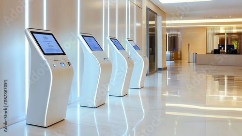 Four sleek self-service kiosks in a modern lobby.