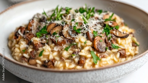 Mushroom risotto with grated parmesan cheese and parsley in ceramic bowl close up