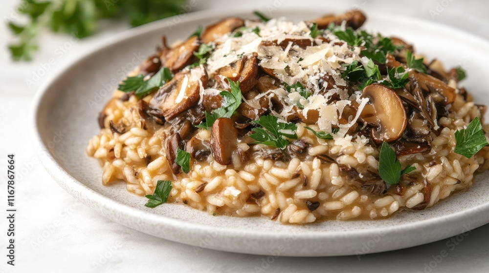 Creamy mushroom risotto with parmesan cheese and parsley on plate Creamy mushroom risotto with parmesan cheese and parsley on plate