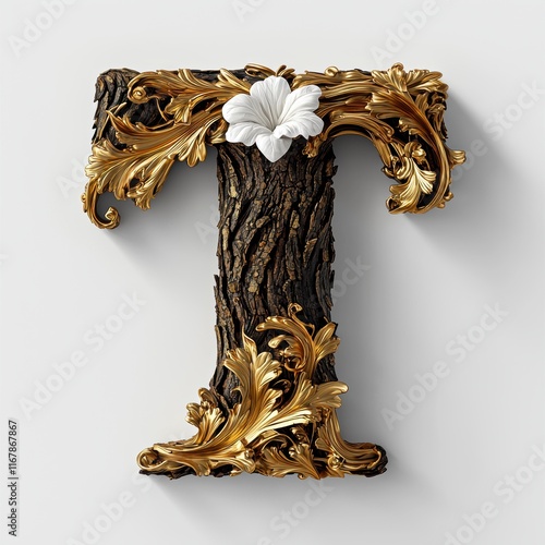 Elegant Wooden Letter T with Gold and Floral Accents