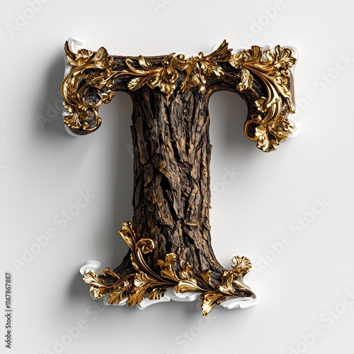 Elegant Wooden Letter T with Gold and Floral Accents
