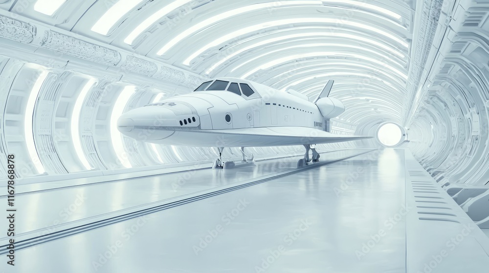 Futuristic Docking Corridor with White Orbit Shuttle - Cinematic Space Exploration Concept Futuristic Docking Corridor with White Orbit Shuttle - Cinematic Space Exploration Concept
