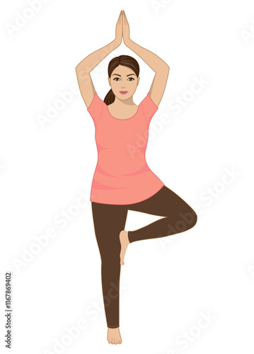 Yoga tree pose. Vector illustration of a young woman doing yoga performing Tree pose. File is arranged in layers and groups. 