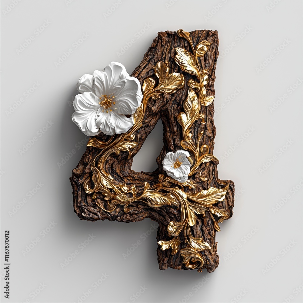 Fototapeta premium Elegant Wooden Number Four with Gold and Floral Accents