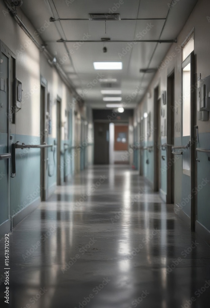 Desolate hospital corridor at dusk with blurred medical equipment and a hint of shadows, dim lighting, sterile atmosphere Desolate hospital corridor at dusk with blurred medical equipment and a hint of shadows, dim lighting, sterile atmosphere